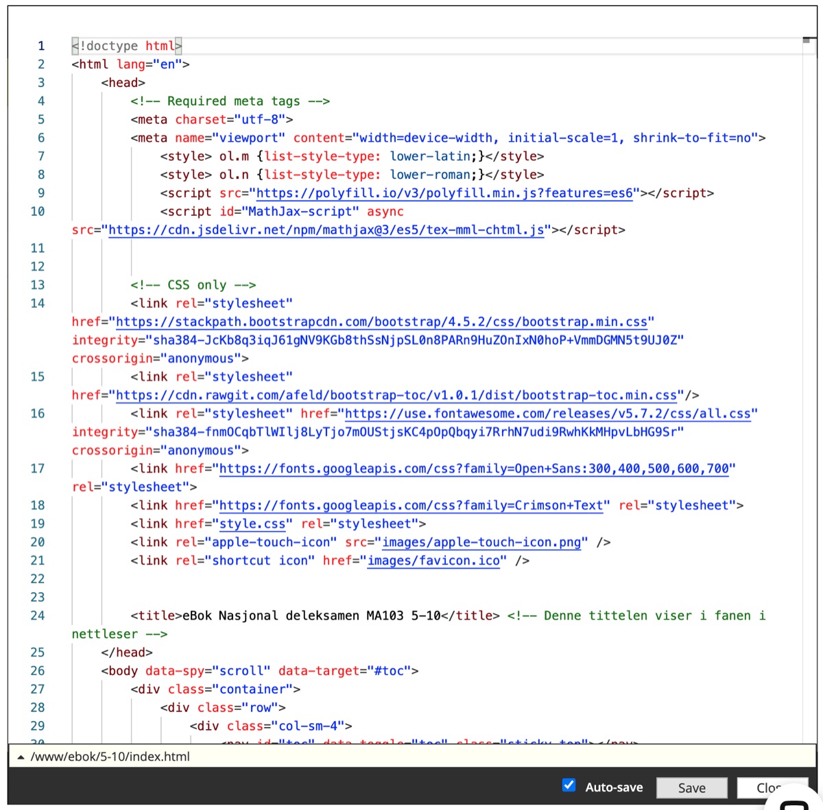 Utsnitt av HTML-koden bak eBoken
