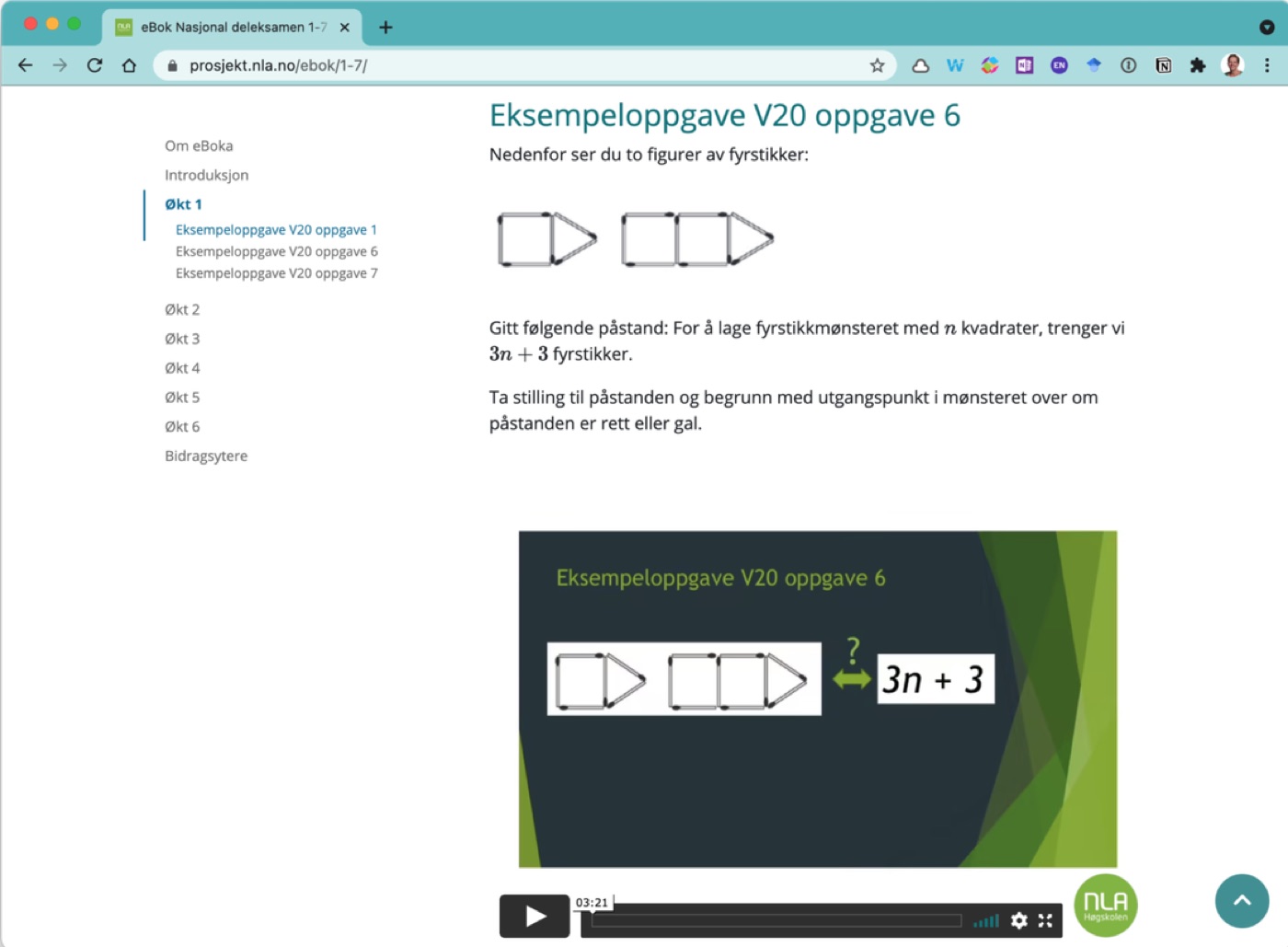 Skjermbilde av eBoken med innholdsmeny til venstre og en eksempeloppgave med video til høyre